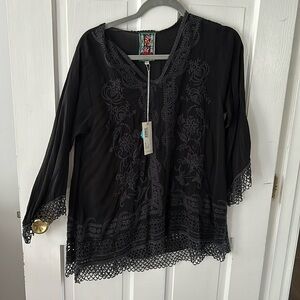 Johnny Was black lace embroidered tunic top
